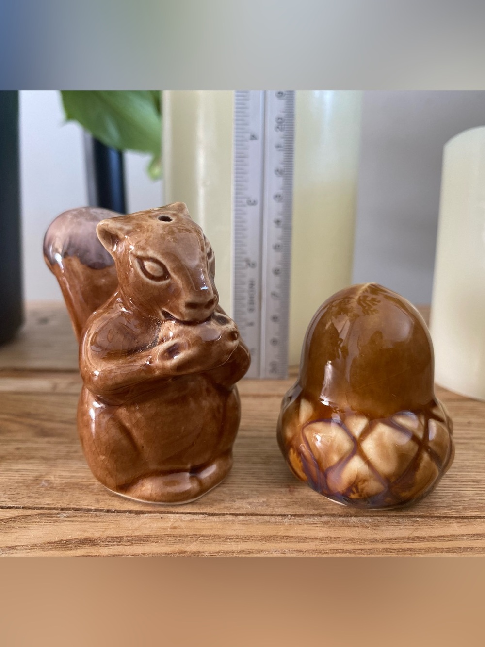 Vintage Ceramic Squirrel & Acorn Salt and Pepper Shakers Set Drip Glaze Japan